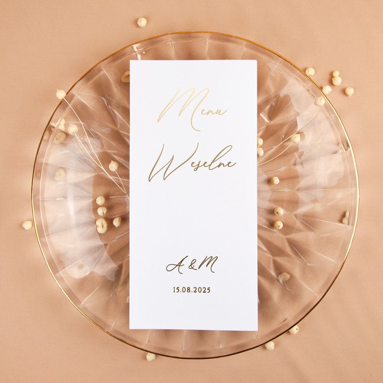 Minimalistyczne rozkładane menu weselne ze złotym wykończeniem - Pocket, Case - PRÓBKA