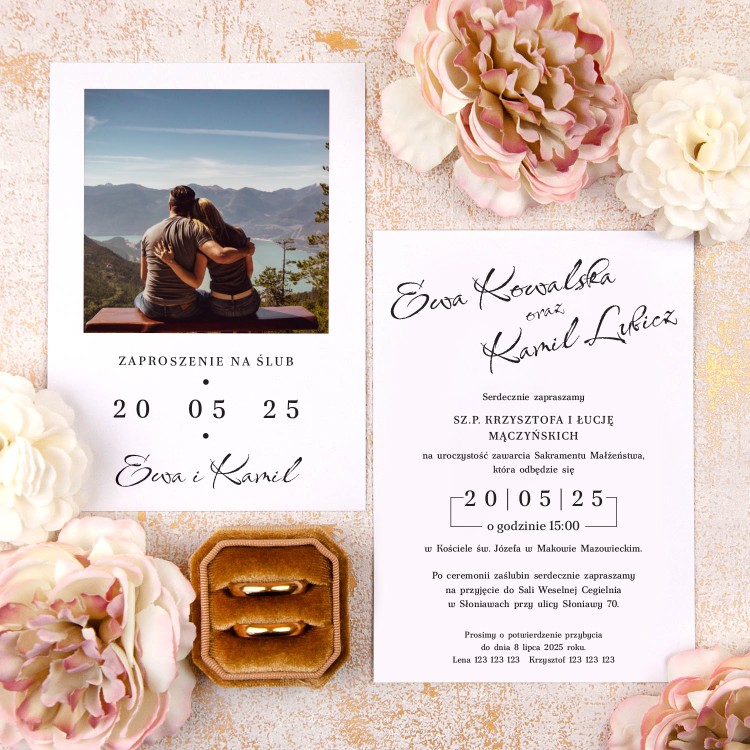 Minimalistyczne zaproszenia ślubne ze zdjęciem pary młodej - Instax
