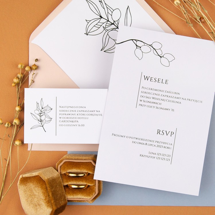 Minimalistyczne zaproszenia Ślubne ze szkicowanymi liścmi - Simple Leaf