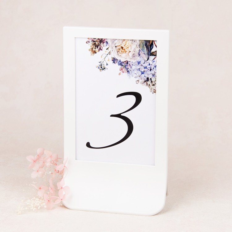 Numery stołów weselnych z motywem kwiatów piwonii i bzu w białej ramce - BFF