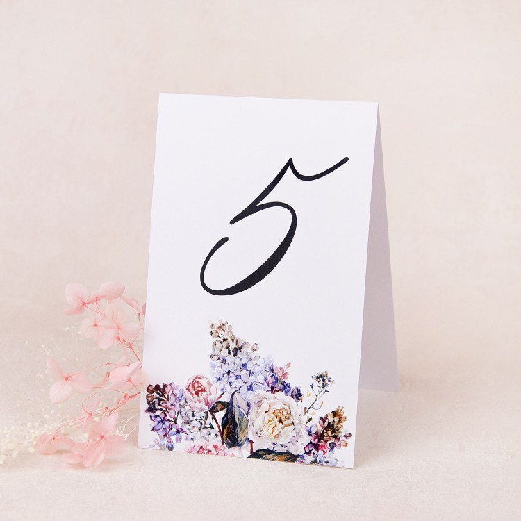 Numery stołów weselnych z motywem kwiatów piwonii i bzu, wolnostojące - BFF