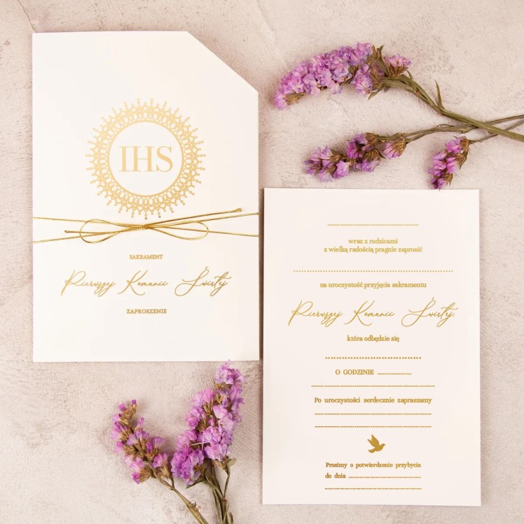 Oryginalne zaproszenia na Komunię Świętą ze złotą grafiką do uzupełnienia - Case Communion