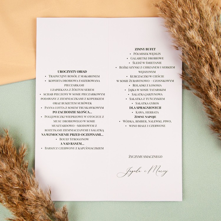 Otwierane menu na stoły weselne z motywem gałązki oliwnej - Big Leaves, Boho, Boho Rustic