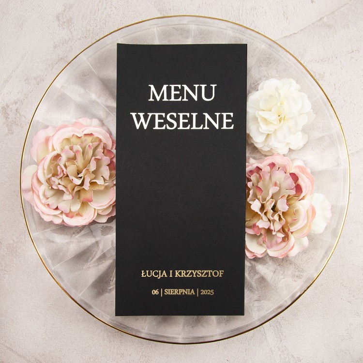 Otwierane menu na stoły weselne ze złotym wykończeniem - Slim Black Gold