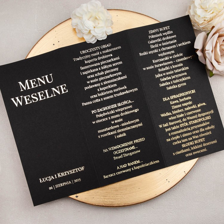 Otwierane menu ślubne ze złotym wykończeniem na czarnym papierze - Unity Black, Royal Black