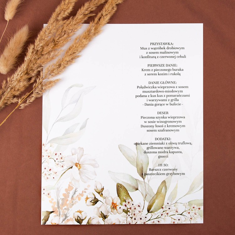 Otwierane menu weselne z motywem beżowych polnych kwiatów - Green I, Green II