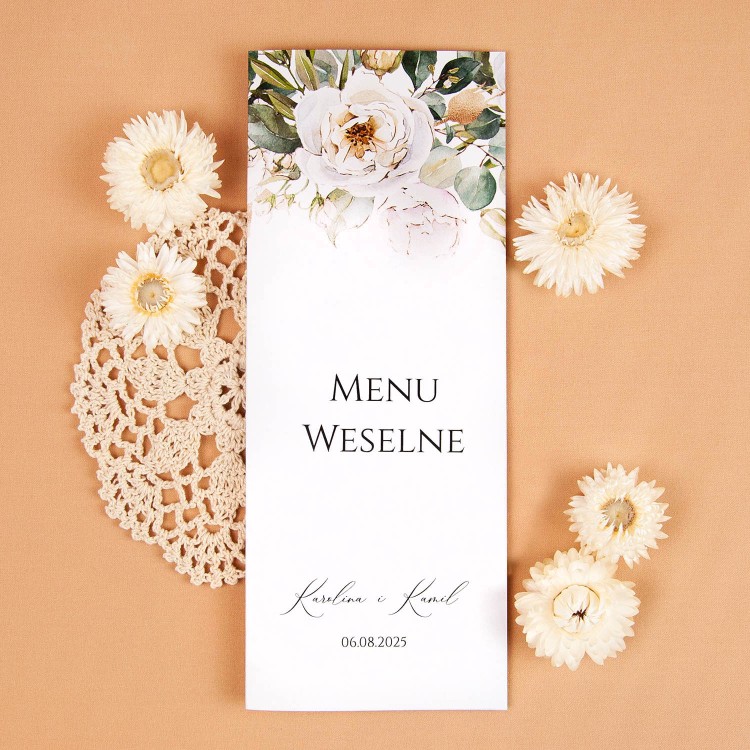 Otwierane menu weselne z motywem białych kwiatów - White