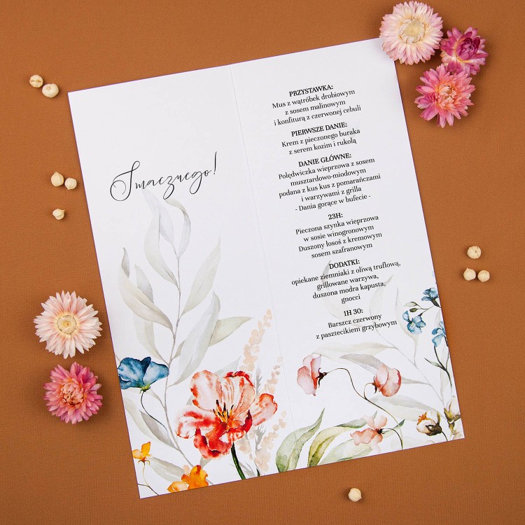 Otwierane menu weselne z motywem kolorowych polnych kwiatów - Field Flowers