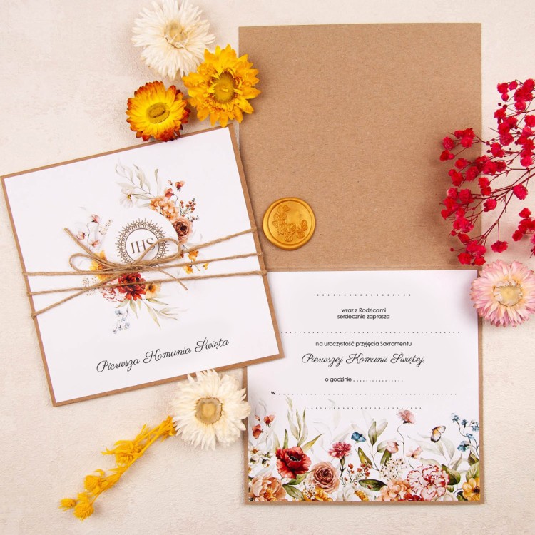Otwierane zaproszenia na Komunię Świętą z motywem polnych kwiatów do uzupełnienia - Communion