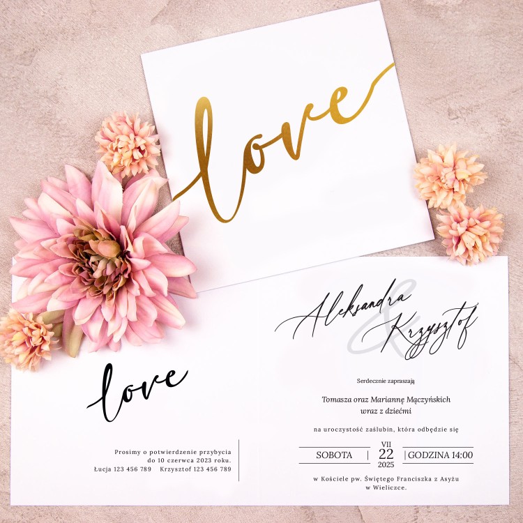 Minimalistyczne otwierane zaproszenia ślubne z pozłacanymi napisami - Love