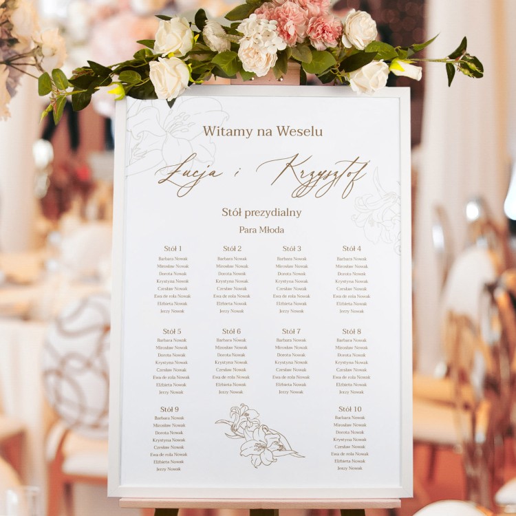 Plan sali weselnej (rozmieszczenie gości) z delikatną kwiatową grafiką - Lily Ecru
