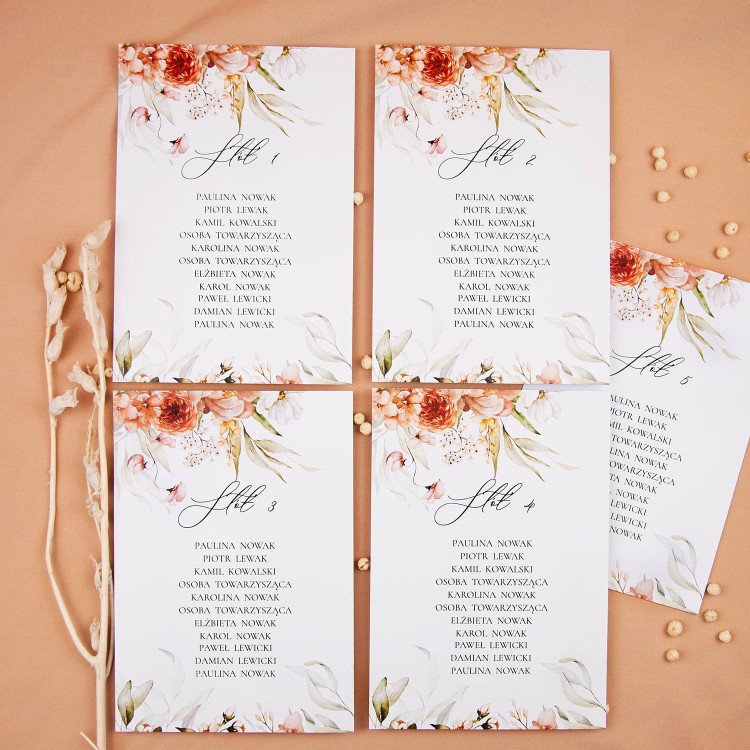 Plany stołów weselnych (rozmieszczenie gości) na pojedynczych kartach z motywami beżowych kwiatów - Beige Roses