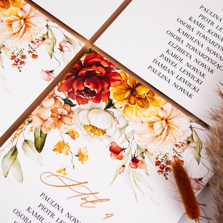 Plany stołów weselnych (rozmieszczenie gości) na pojedynczych kartach z motywami kolorowych kwiatów - Summer Flowers