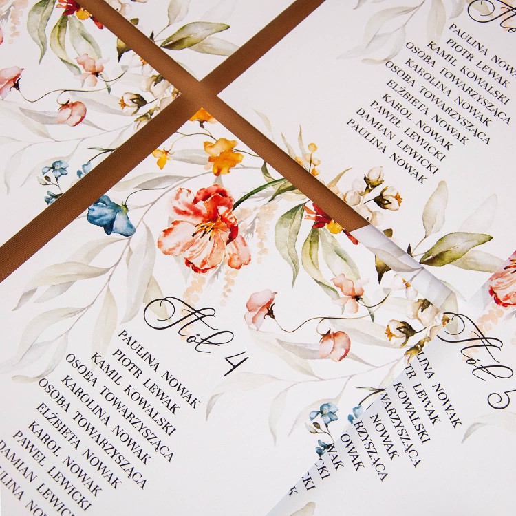 Plany stołów weselnych (rozmieszczenie gości) na pojedynczych kartach z motywami kolorowych polnych kwiatów - Field Flowers