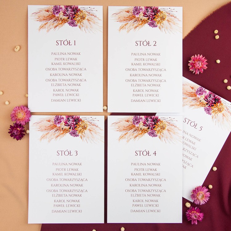 Plany stołów weselnych (rozmieszczenie gości) na pojedynczych kartach z motywem suszonych kwiatów - Sunset, Dry Leaves
