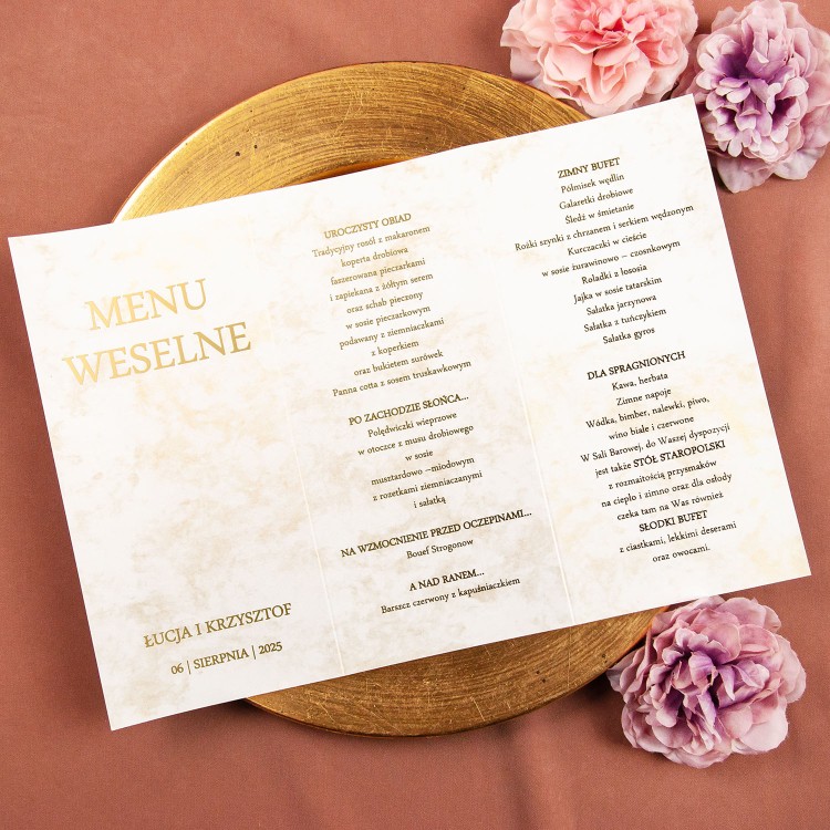 Pozłacane menu rozkładane na papierze z delikatnym złotym marmurkiem - Slim Marble Gold