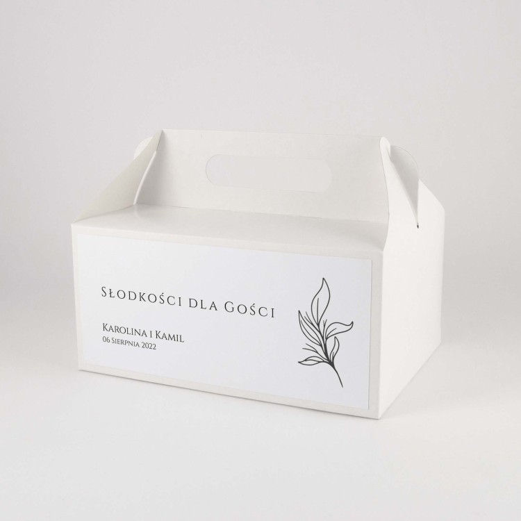 Pudełka na ciasto weselne z minimalistycznymi liśćmi