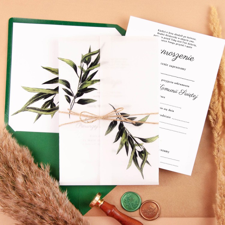 Rustykalne zaproszenia na Komunię Świętą z kalką i motywem gałązki oliwnej do uzupełnienia - Boho Communion
