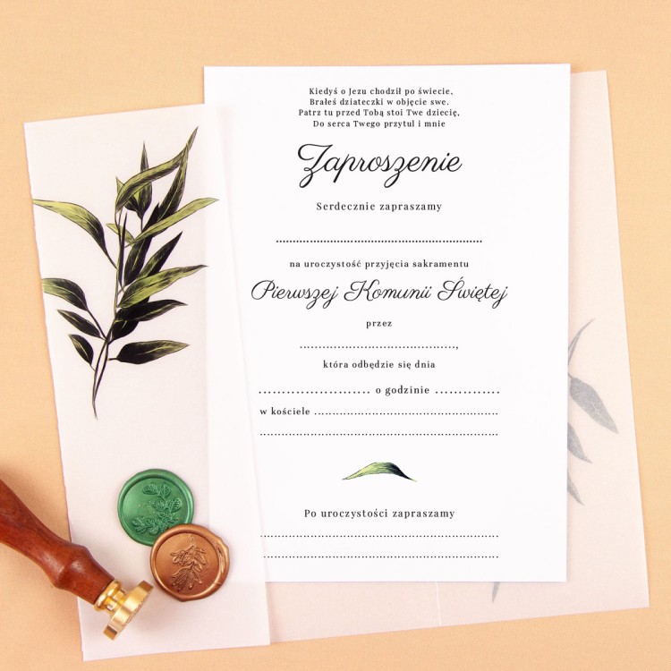 Rustykalne zaproszenia na Komunię Świętą z kalką i motywem gałązki oliwnej do uzupełnienia - Boho Communion