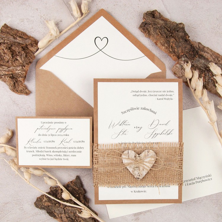 Rustykalne zaproszenia ślubne z dodatkiem serca z kory - Eco Birch's Heart