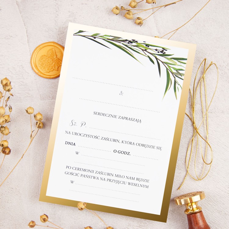 Rustykalne zaproszenia ślubne ze złotą lustrzaną ramką do własnoręcznego uzupełnienia - Olive Mirror - LAST MINUTE