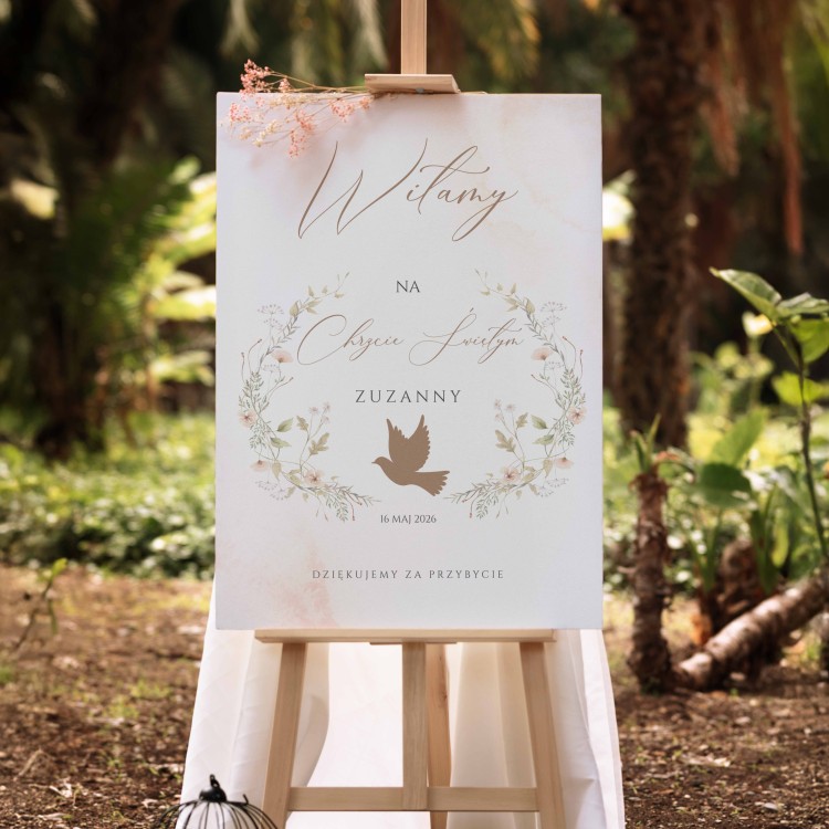 Tablica powitalna gości z motywem gołębia oraz kwiatami PVC - Holy Baptism