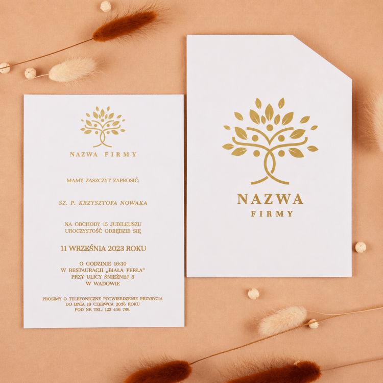Zaproszenia biznesowe z białym etui i ze złoconym logo firmy - Glamour White Case