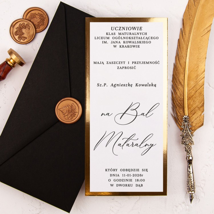 Eleganckie zaproszenia na bal maturalny na białym papierze ze złotą ramką - Gold Prom