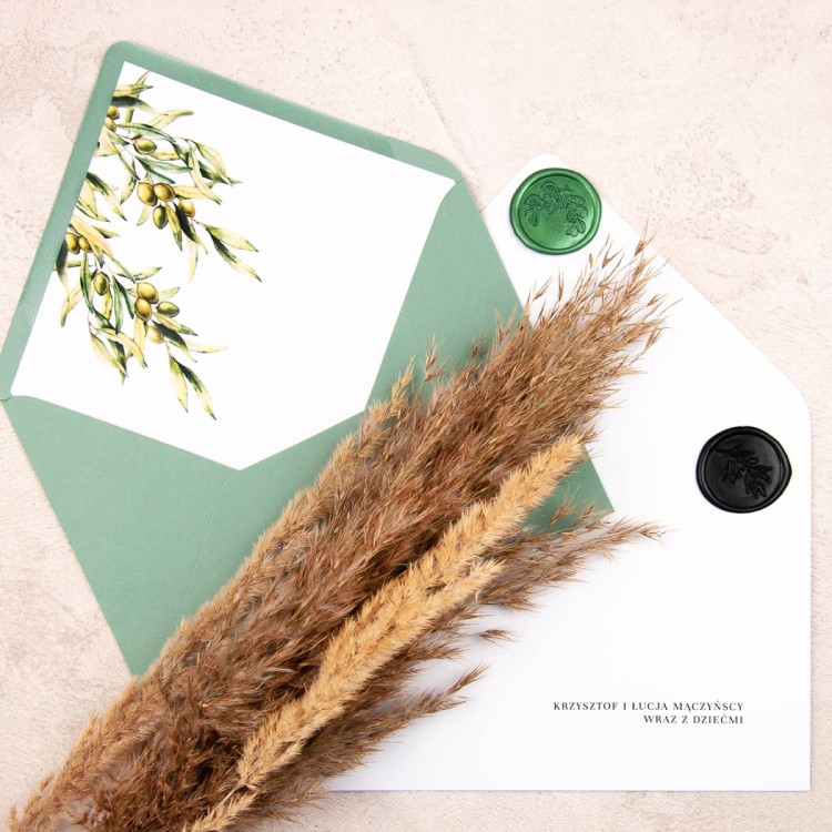 Zaproszenia na Komunię Świętą z kalką i motywem gałązek oliwnych do uzupelnienia - Pure Olive Communion