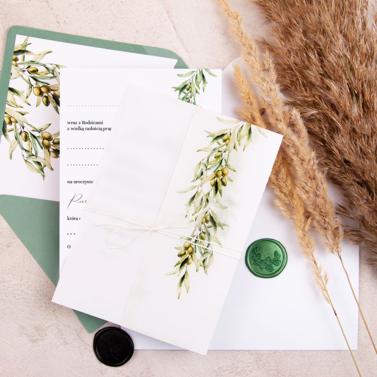 Zaproszenia na Komunię Świętą z kalką i motywem gałązek oliwnych do uzupelnienia - Pure Olive Communion