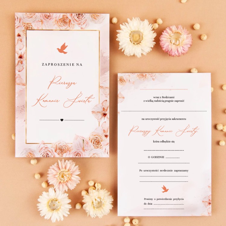 Zaproszenia na Komunię Świętą z motywem różowych kwiatów do uzupełnienia- Aurora Communion
