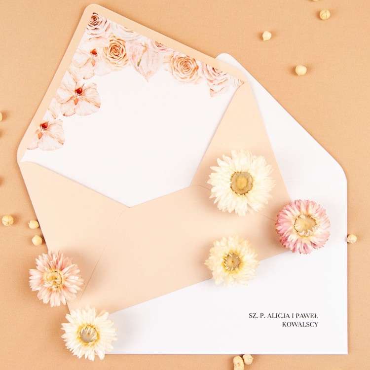 Zaproszenia na Komunię Świętą z motywem różowych kwiatów do uzupełnienia- Aurora Communion