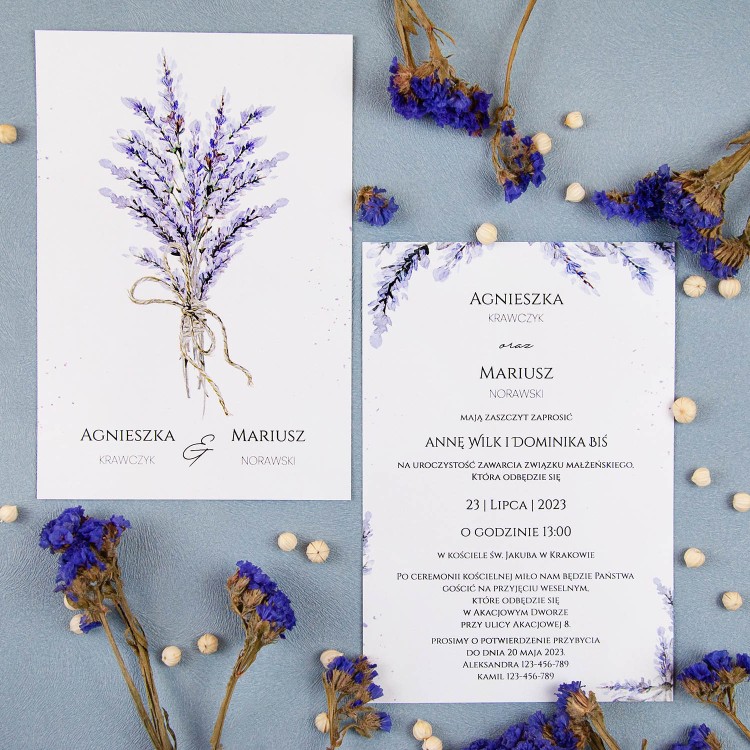 Zaproszenia ślubne fioletowe z bukietem lawendy - Lavender Flower