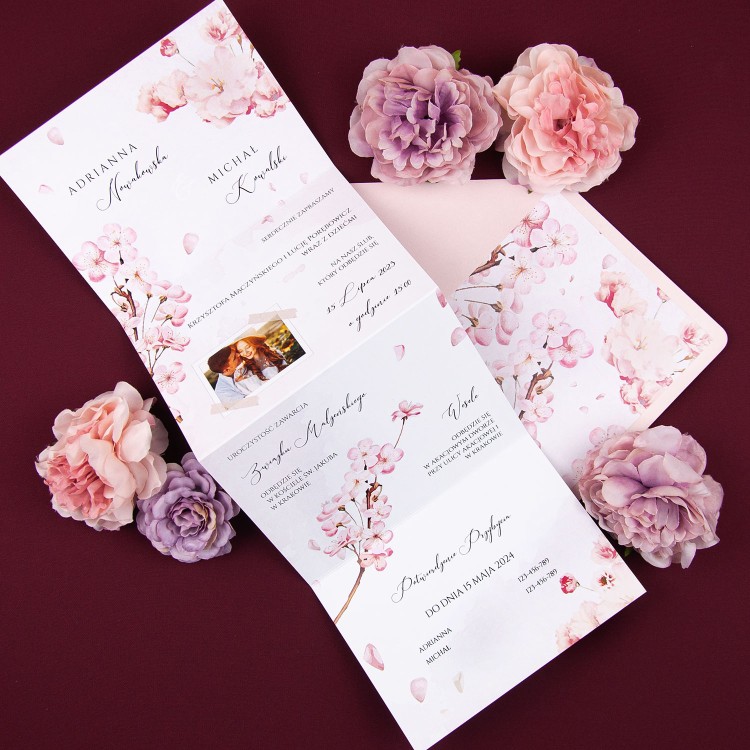 Zaproszenia ślubne otwierane na 4 części z motywem kwitnącej wiśni - Cherry Blossom