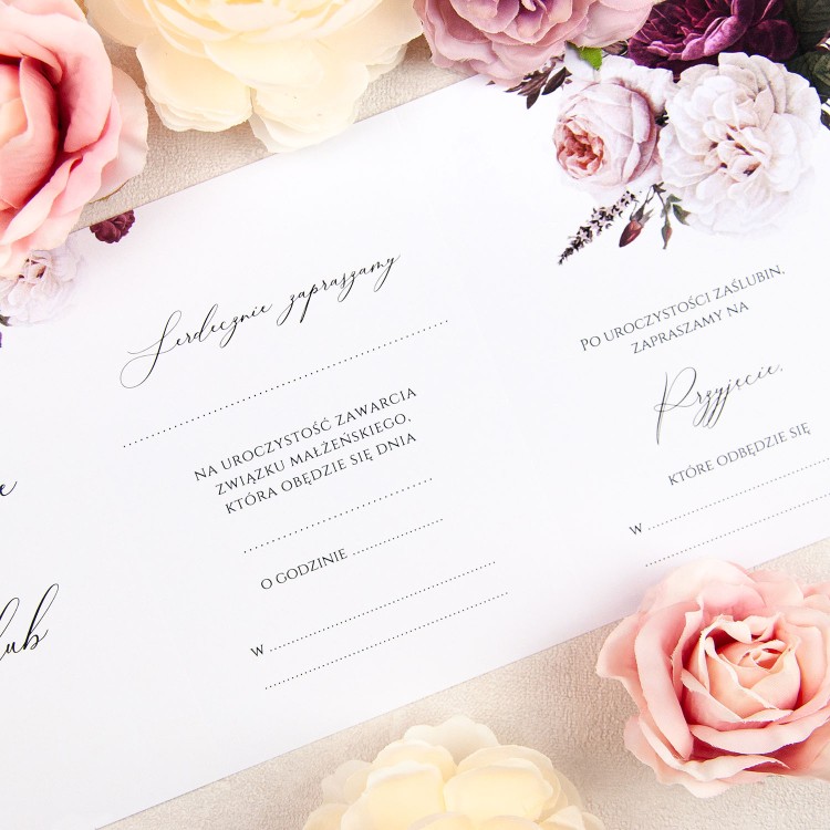Zaproszenia Ślubne rozkładane na 4 części z bordowymi i białymi kwiatami do własnoręcznego uzupełnienia - Maroon Flowers - LAST MINUTE