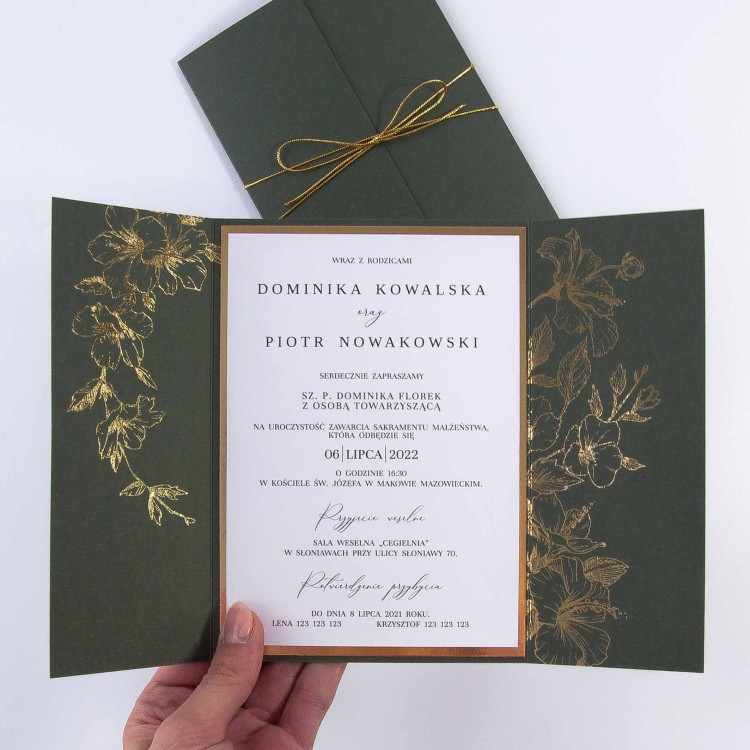 Zaproszenia Ślubne Eleganckie pozłacane kwiaty na zielonym papierze - Green Princess