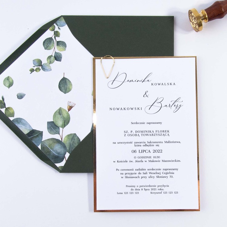 Eleganckie minimalistyczne Zaproszenia Ślubne ze złotą ramką i spinaczem - Destiny