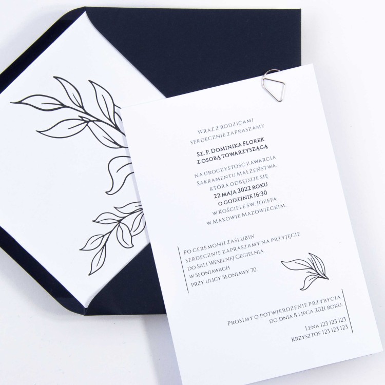 Zaproszenia Ślubne ze spinaczem minimalistyczne liście - Kingdom Blue - PRÓBKA