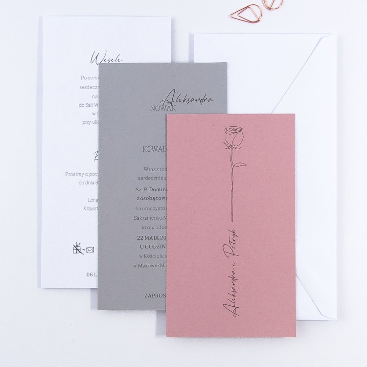 Zaproszenia ślubne minimalistyczne ze szkicowaną różą i spinaczem - Rose