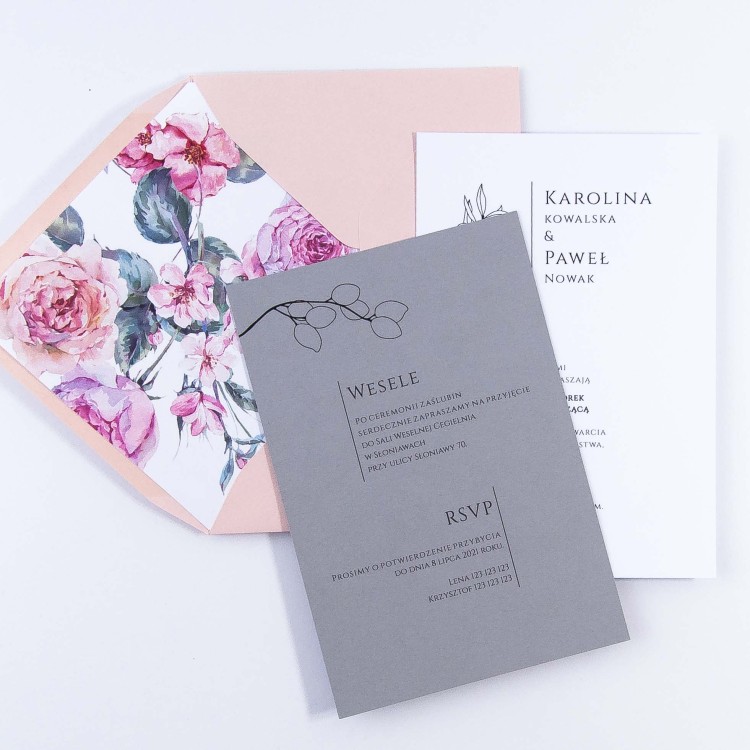 Zaproszenia ślubne szkicowane listki i kwiaty - Queen Grey - PRÓBKA