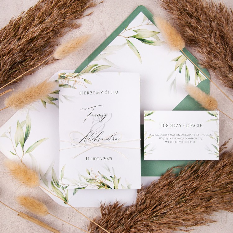Zaproszenia ślubne z delikatnymi zielonymi i złotymi listkami otwierane w harmonijkę - Green Peace Booklet