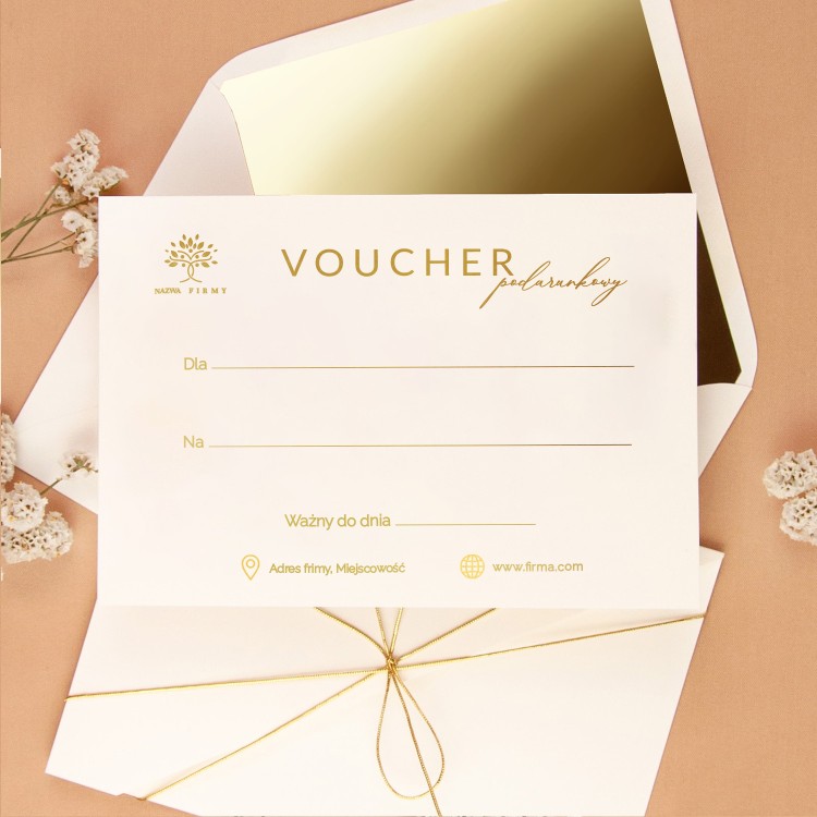 Vouchery biznesowe z elegancką kieszonką w kolorze ecru i złotym sznureczkiem - Leaves Ecru Pocket