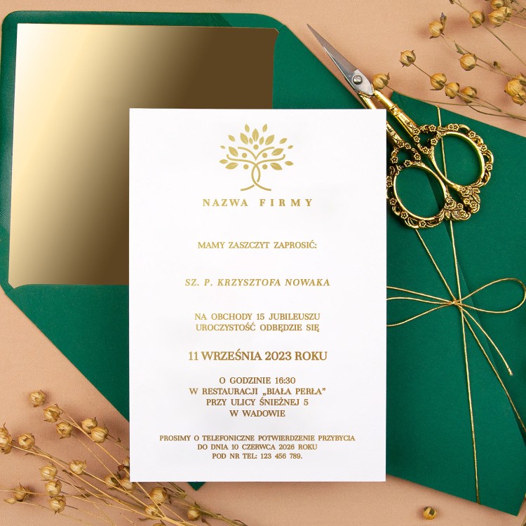 Zaproszenia biznesowe z elegancką kieszonką w kolorze zielonym i złotym sznureczkiem - Leaves Green Pocket