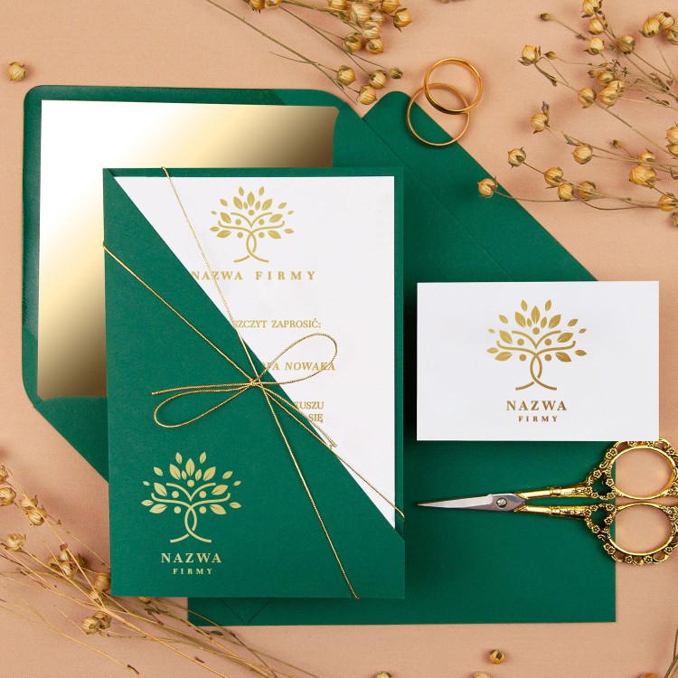 Zaproszenia biznesowe z elegancką kieszonką w kolorze zielonym i złotym sznureczkiem - Leaves Green Pocket