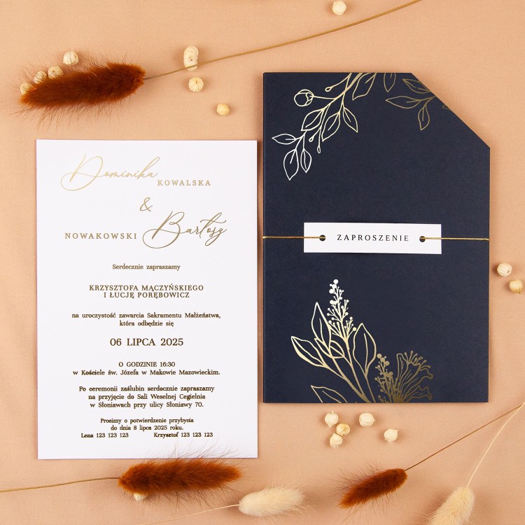 Zaproszenia Ślubne z etui w kolorze granatowym i ze złoconymi gałązkami - Glamour Navy Case