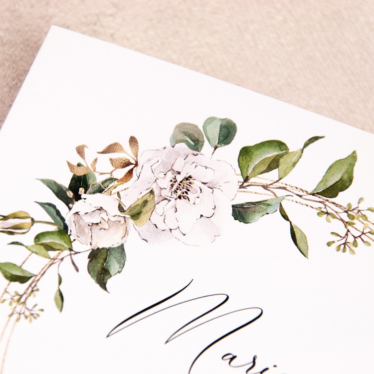 Zaproszenia ślubne z okręgiem i białymi kwiatami z zielonymi liśćmi - White Circle - PRÓBKA