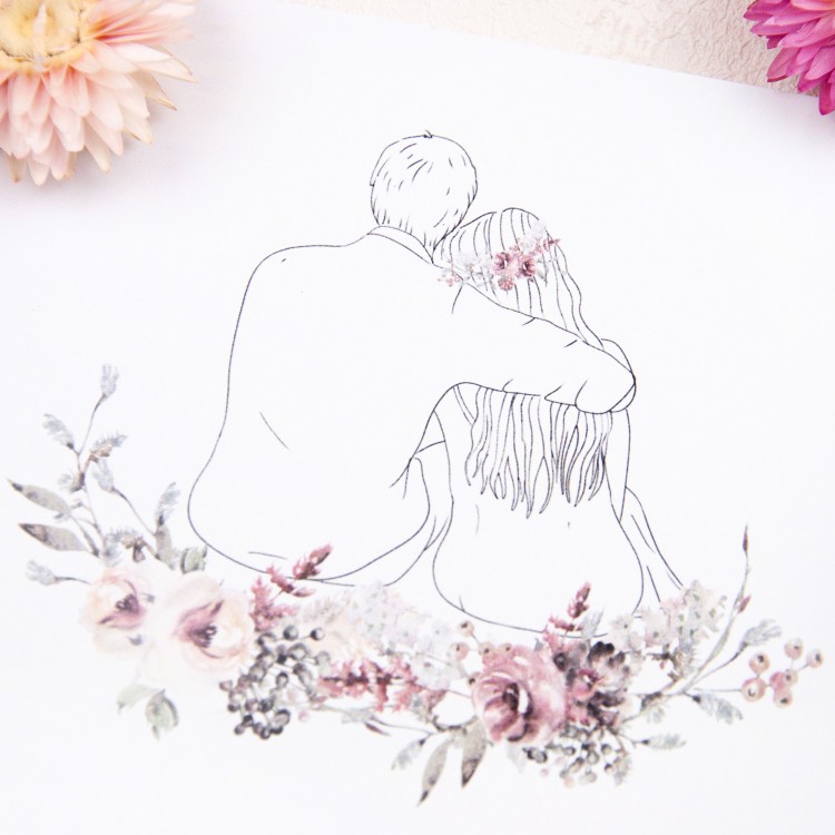 Zaproszenia Ślubne ze szkicowaną Parą Młodą i motywem kwiatowym do własnoręcznego uzupełnienia - Forever Together - LAST MINUTE