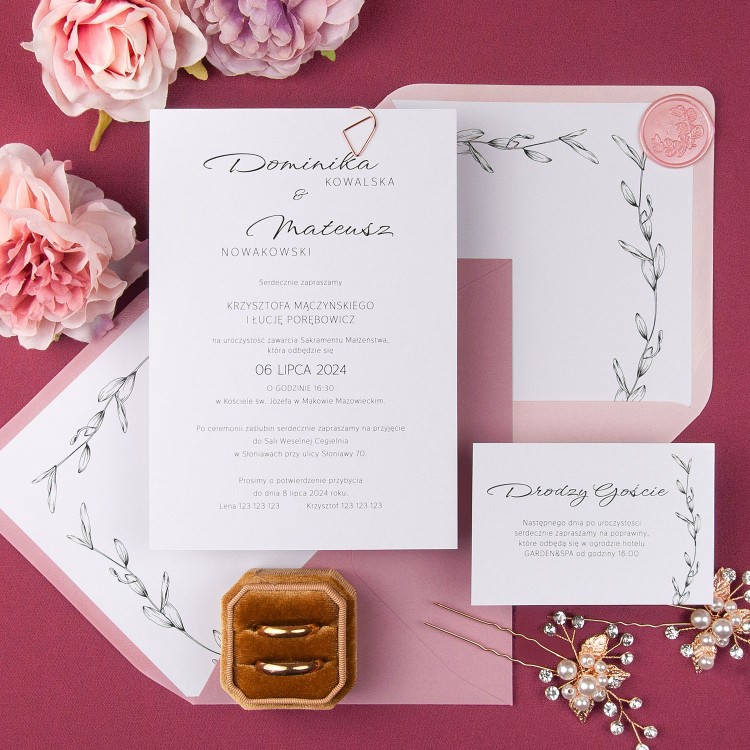 Zaproszenia ślubne ze zdjęciem Pary Młodej i spinaczem rose gold - Glammy Powder Pink